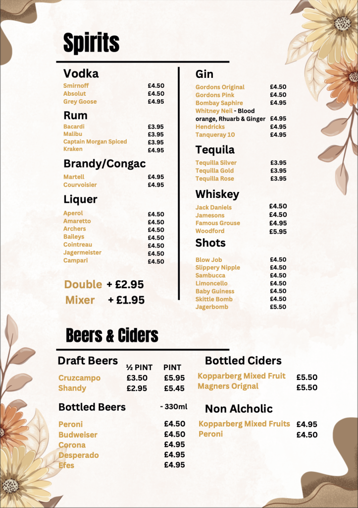 drinks menu, bar warrington