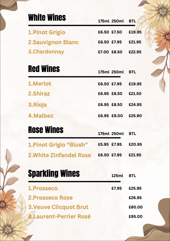 drinks menu, bar warrington